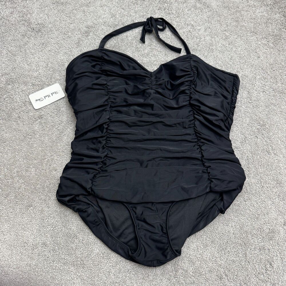Beach Bash One Piece Swimsuit Women 4XL Black Sweetheart Neck Ruched Halter NWT